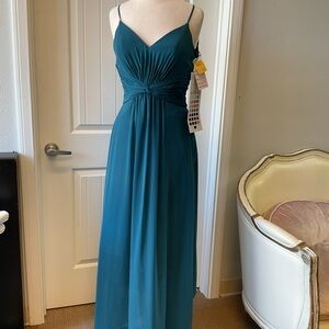 Mori Lee Blue Ruched Maxi Gown for Weddings